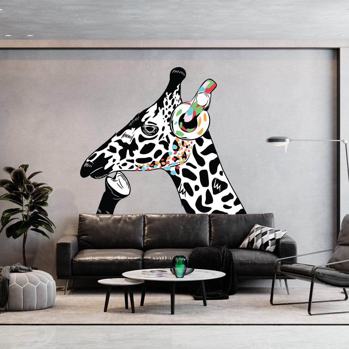 Giraffe Wall Art Sticker - Thinking Dj Giraffes Head Headphones Vinyl Decal - Decords