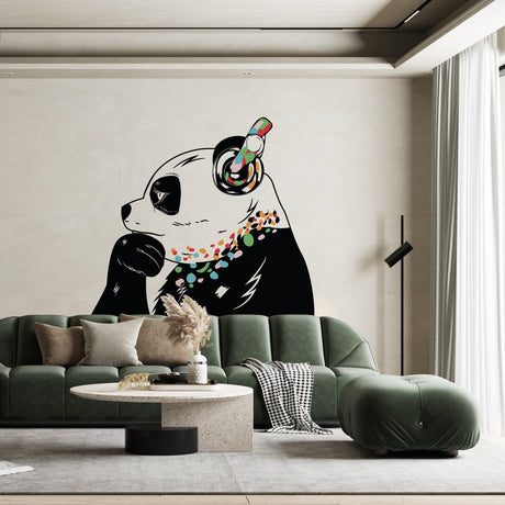 Panda Wall Art Sticker - Thinking Dj Panda Bear Head Headphones Vinyl Decal - Decords