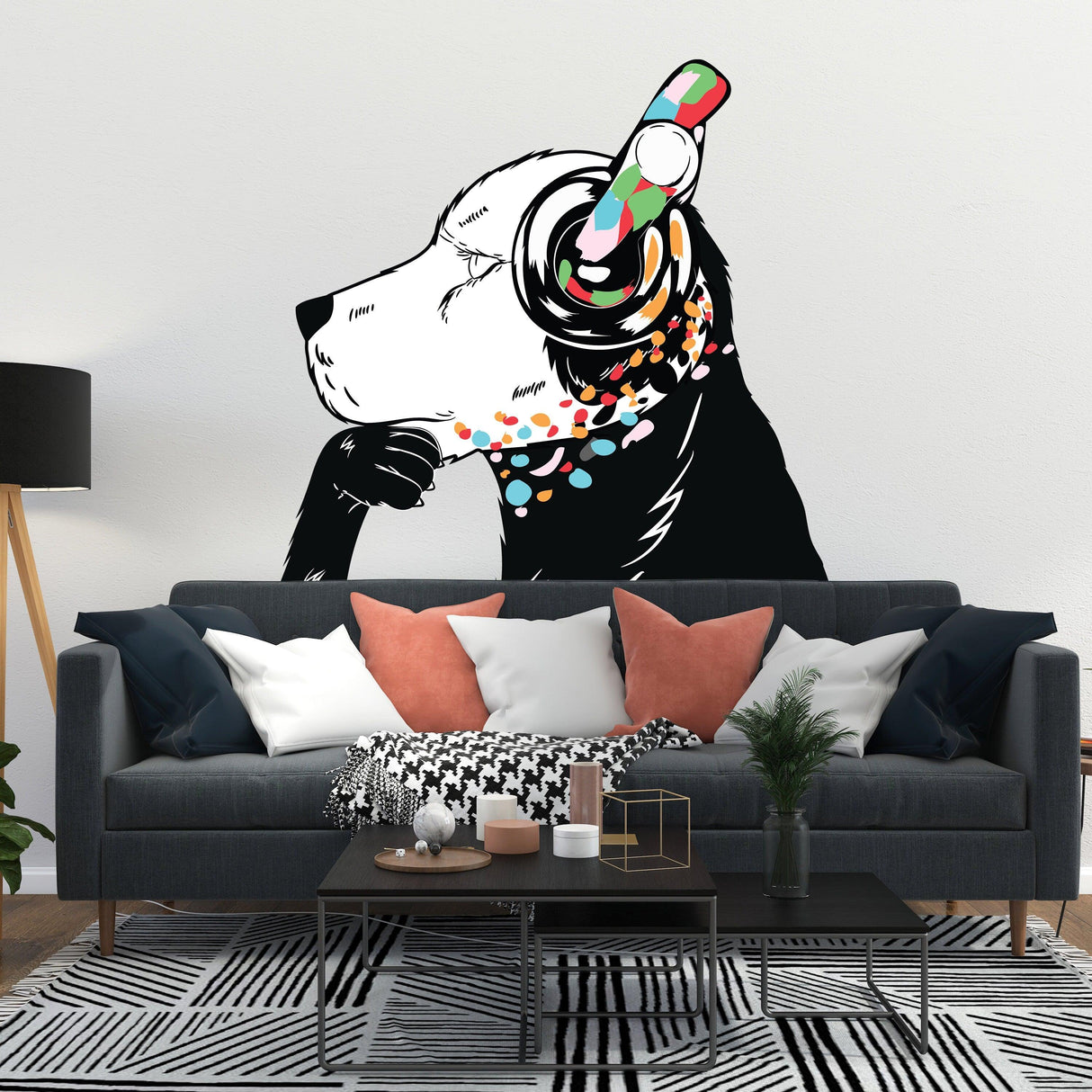 Dog Wall Art Sticker - Thinking Dj Puppy Head Headphones Vinyl Decal - Decords