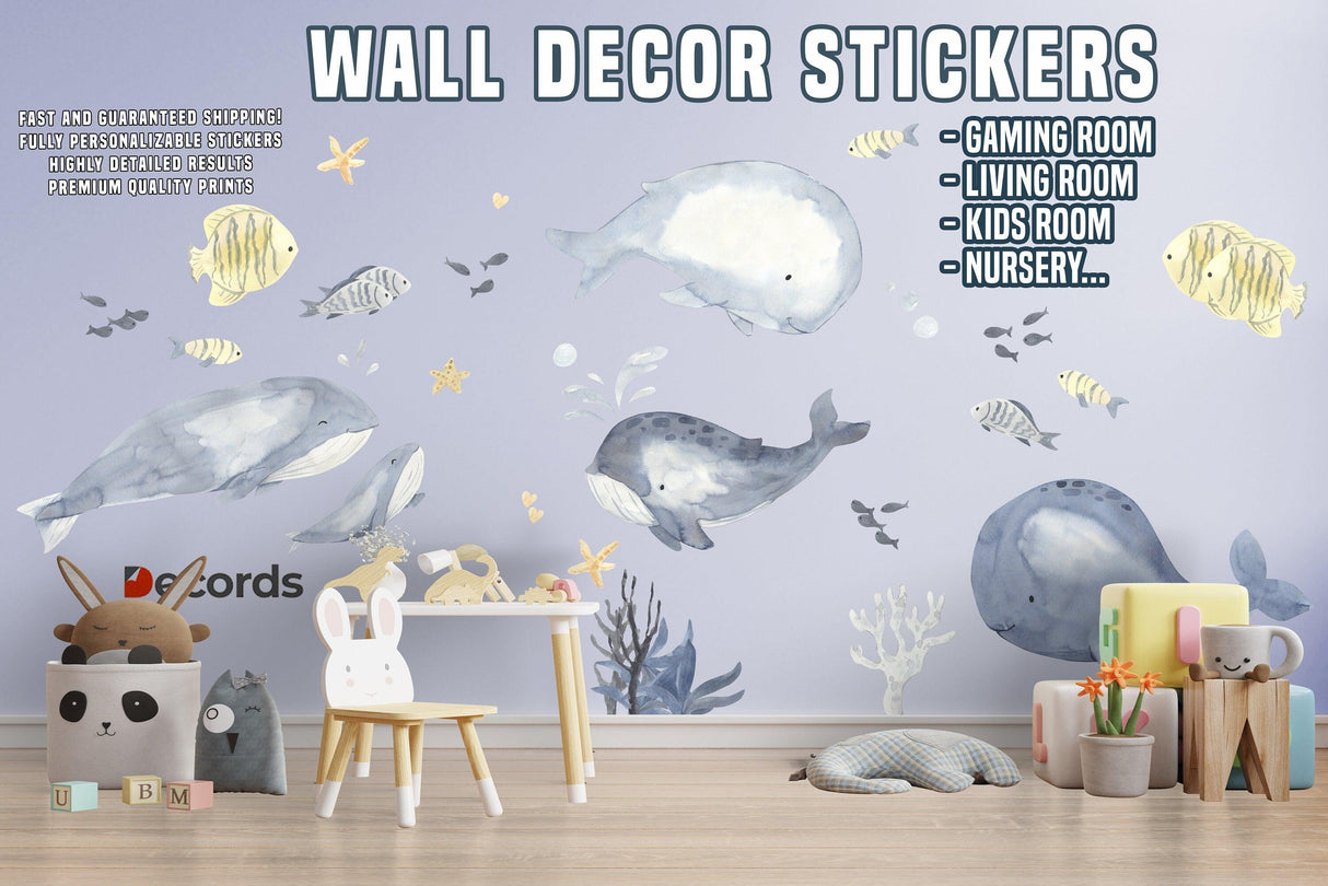 Sea Whales Wall Sticker For Kids Room Decor - Fish Theme Baby Boy Nursery Decal - Decords