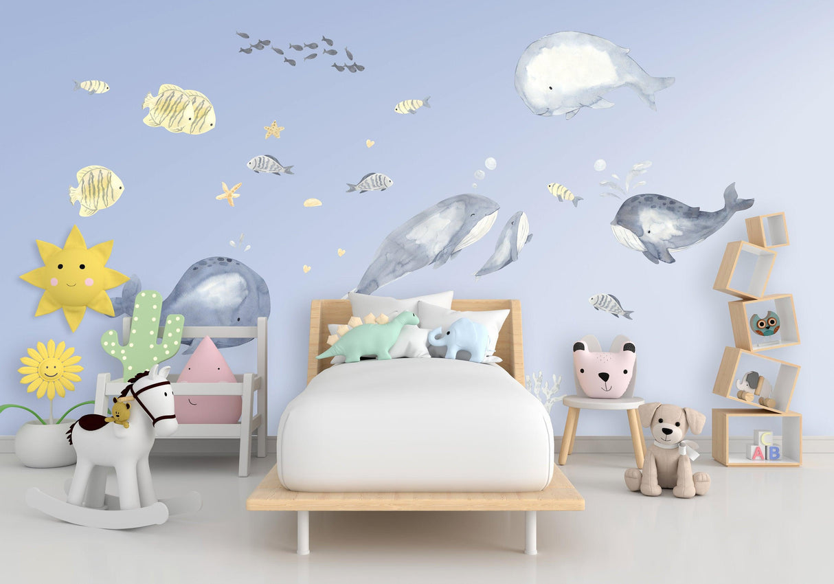 Sea Whales Wall Sticker For Kids Room Decor - Fish Theme Baby Boy Nursery Decal - Decords