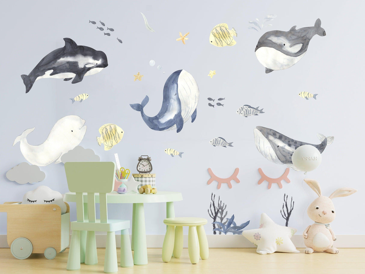 Sea Whales Wall Sticker For Kids Room Decor - The Under Ocean Life Baby Boy Nursery Decal - Decords