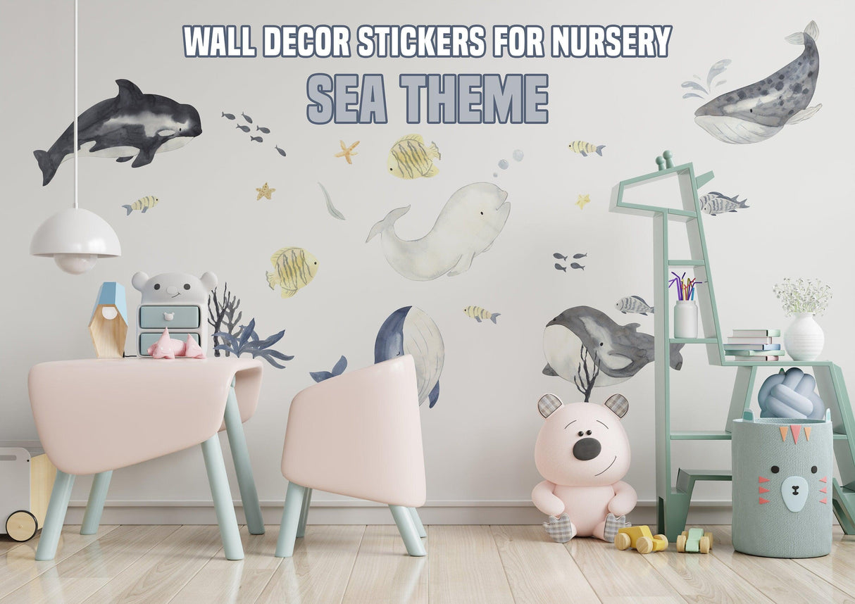 Sea Whales Wall Sticker For Kids Room Decor - The Under Ocean Life Baby Boy Nursery Decal - Decords