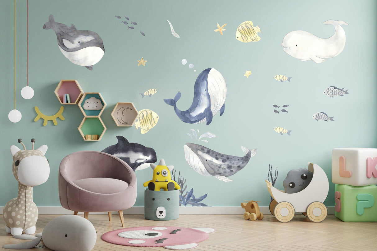 Sea Whales Wall Sticker For Kids Room Decor - The Under Ocean Life Baby Boy Nursery Decal - Decords