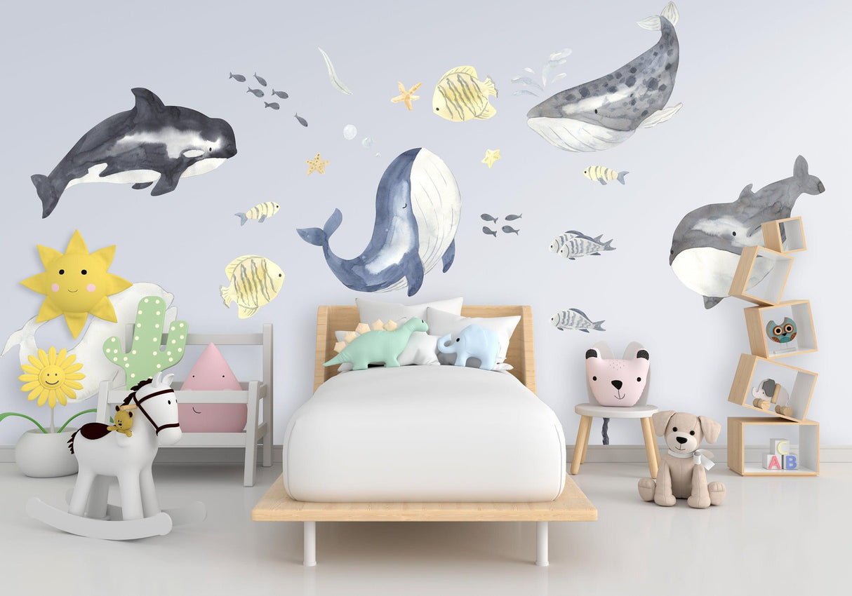 Sea Whales Wall Sticker For Kids Room Decor - The Under Ocean Life Baby Boy Nursery Decal - Decords