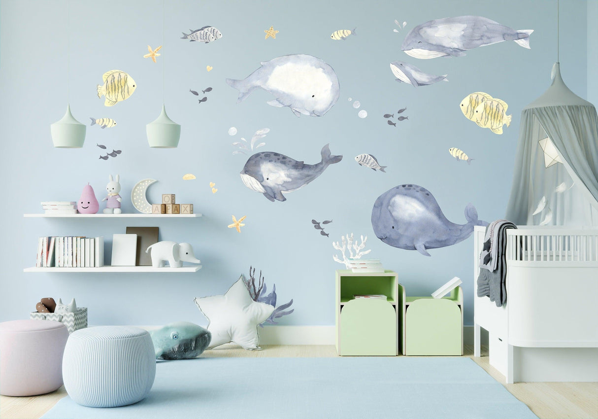 Sea Whales Wall Sticker For Kids Room Decor - Fish Theme Baby Boy Nursery Decal - Decords