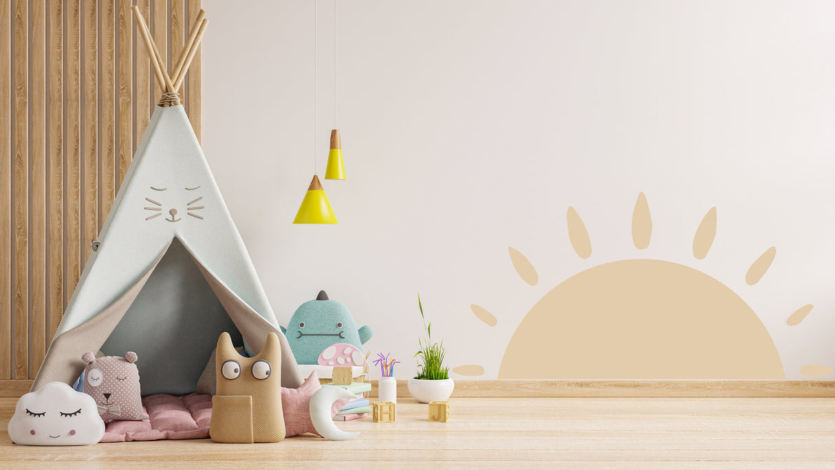 Boho Sun Wall Decal - Half Shape Sunshine Large Sticker Decor For Nursery Kids Room