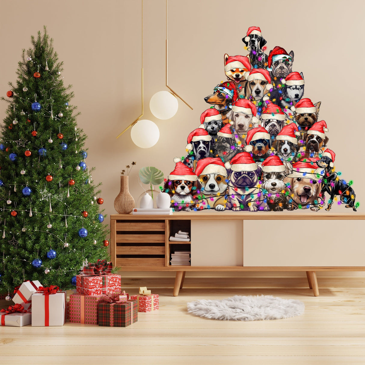 Funny Christmas Tree Wall Vinyl Decal - Large Dogs Sticker Decoration Living Kids Room