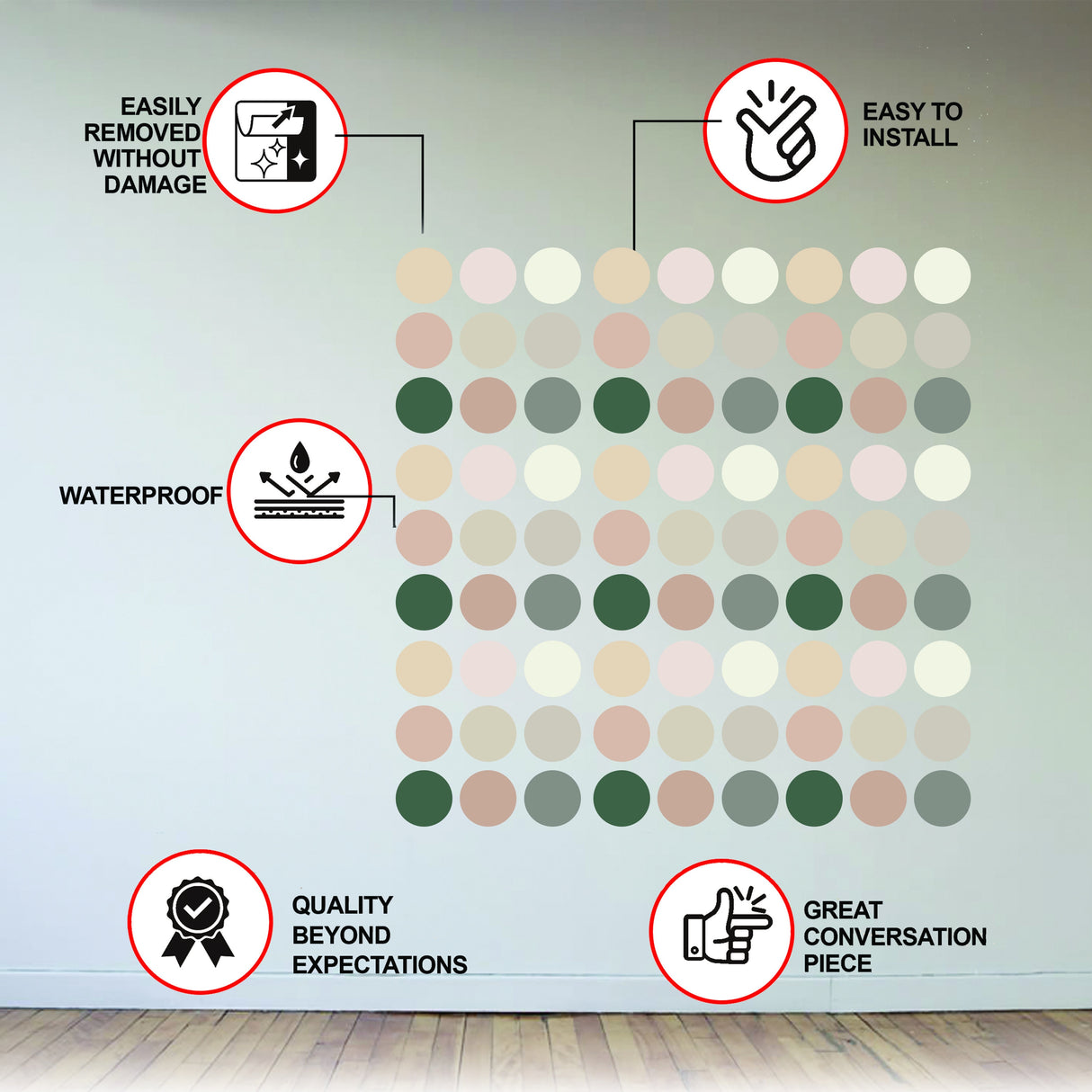50x neutraalsed Boho Dots'i kleebised – lastetoa pastelsete ringikujuliste seinakleebiste sisekujundus