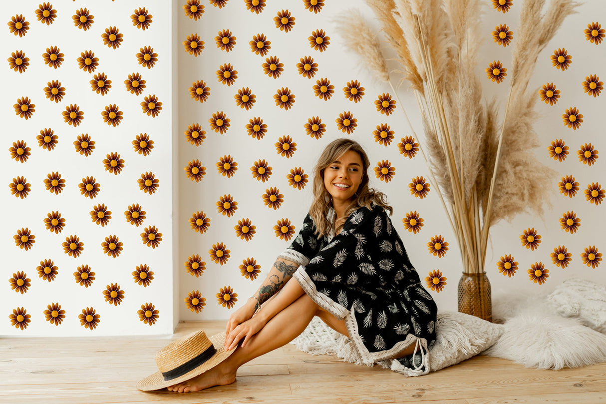 24x Boho Daisy seinakleebised – pruunide lillede toakaunistuse kleebised
