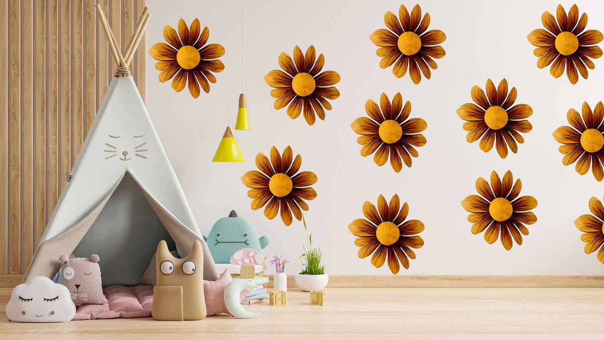 24x Boho Daisy Wall Stickers - Brown Flowers Room Decor Decals