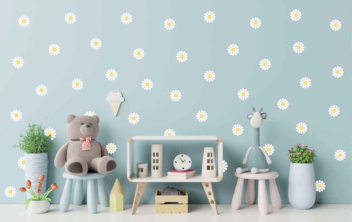 24x Daisy Flowers Wall Stickers - White Floral Room Decor Decals