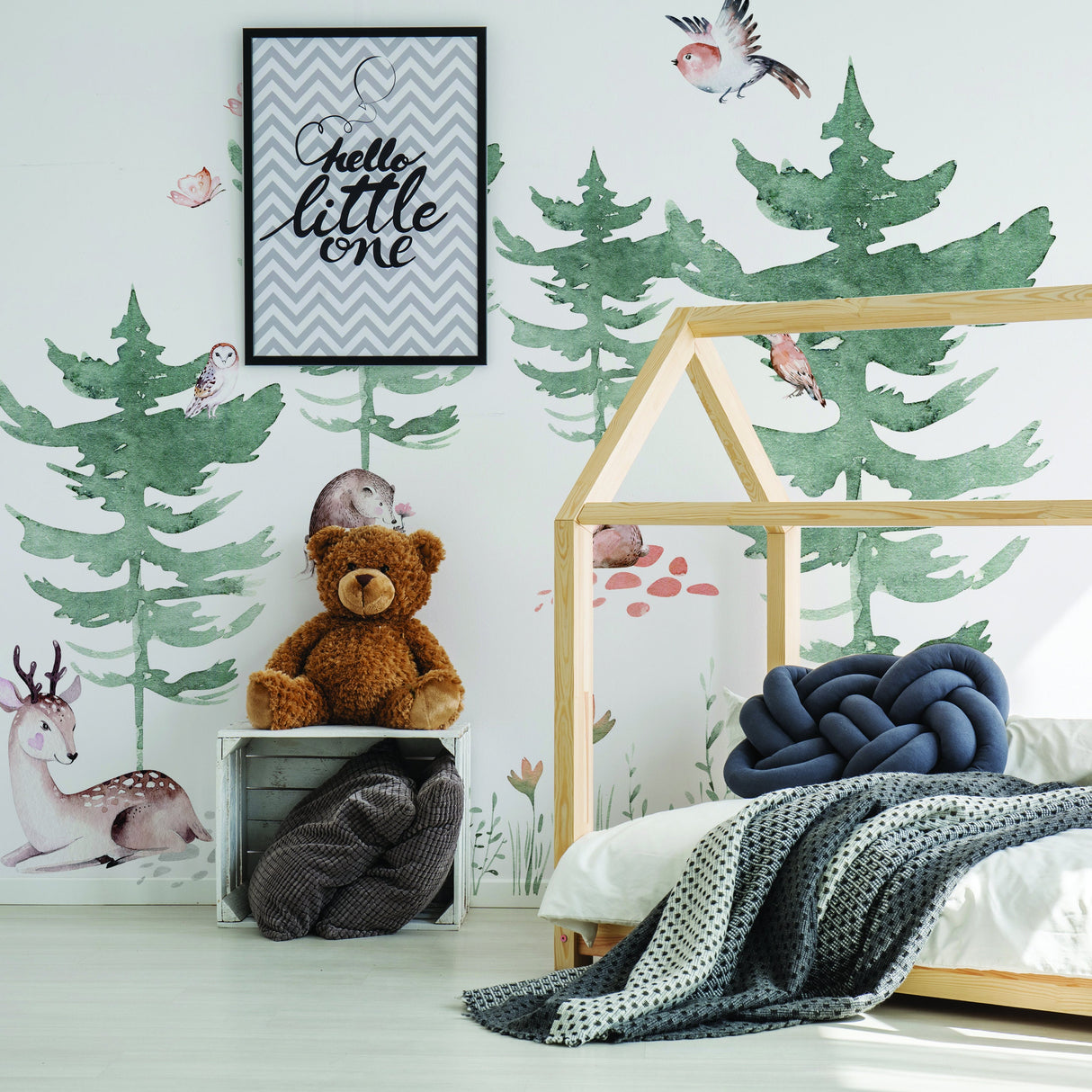 Forest Animals and Trees Wall Decal for Kids Room - Nursery Woodland Stickers with Watercolor Tree