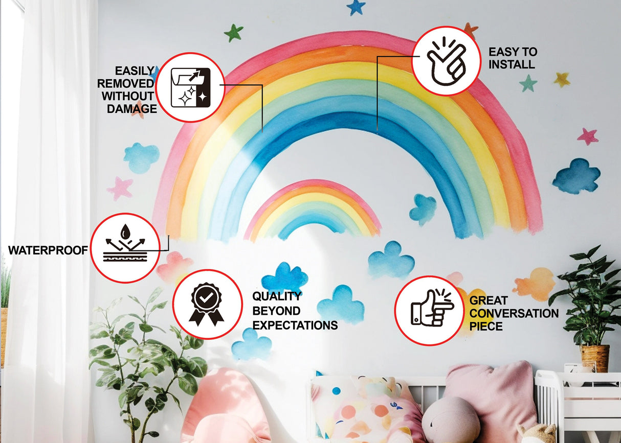 Boho Rainbow Wall Decor Stickers - Watercolor Clouds Stars Decals