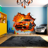 3D Fire Car seinakleebis – dünaamiline mõranenud auto in Hole kunstikleebis – poiste magamistoa katkine purustatud seinaseinaga sõiduki seinamaaling – sportauto kleebis