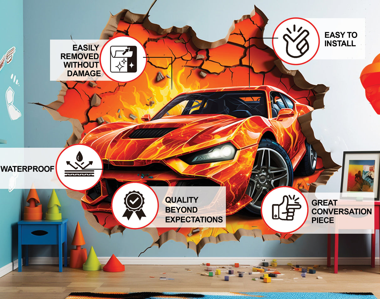 3D Fire Car Wall Sticker - Dynamic Crack Auto in Hole Art Decal - Boys Bedroom Broken Smashed Wall Vehicle Mural Decor - Sports Car Sticker