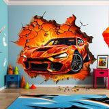 3D Fire Car seinakleebis – dünaamiline mõranenud auto in Hole kunstikleebis – poiste magamistoa katkine purustatud seinaseinaga sõiduki seinamaaling – sportauto kleebis