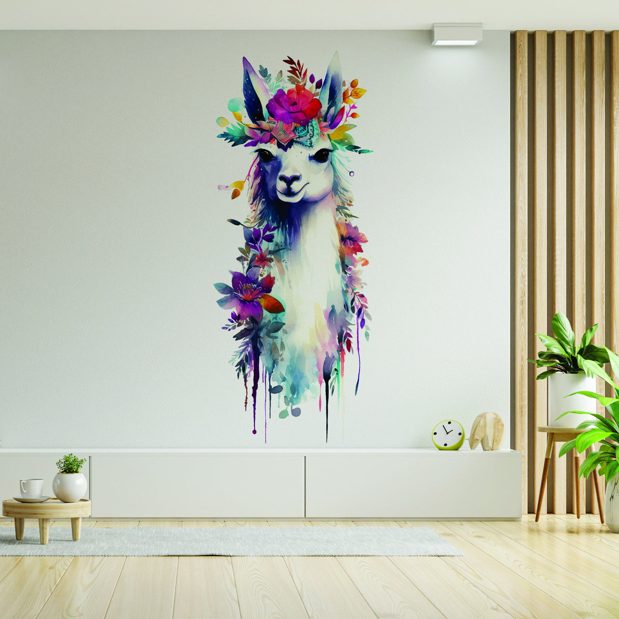 Artistic Alpaca and Floral Wall Decal - Watercolor Vinyl Llama Sticker