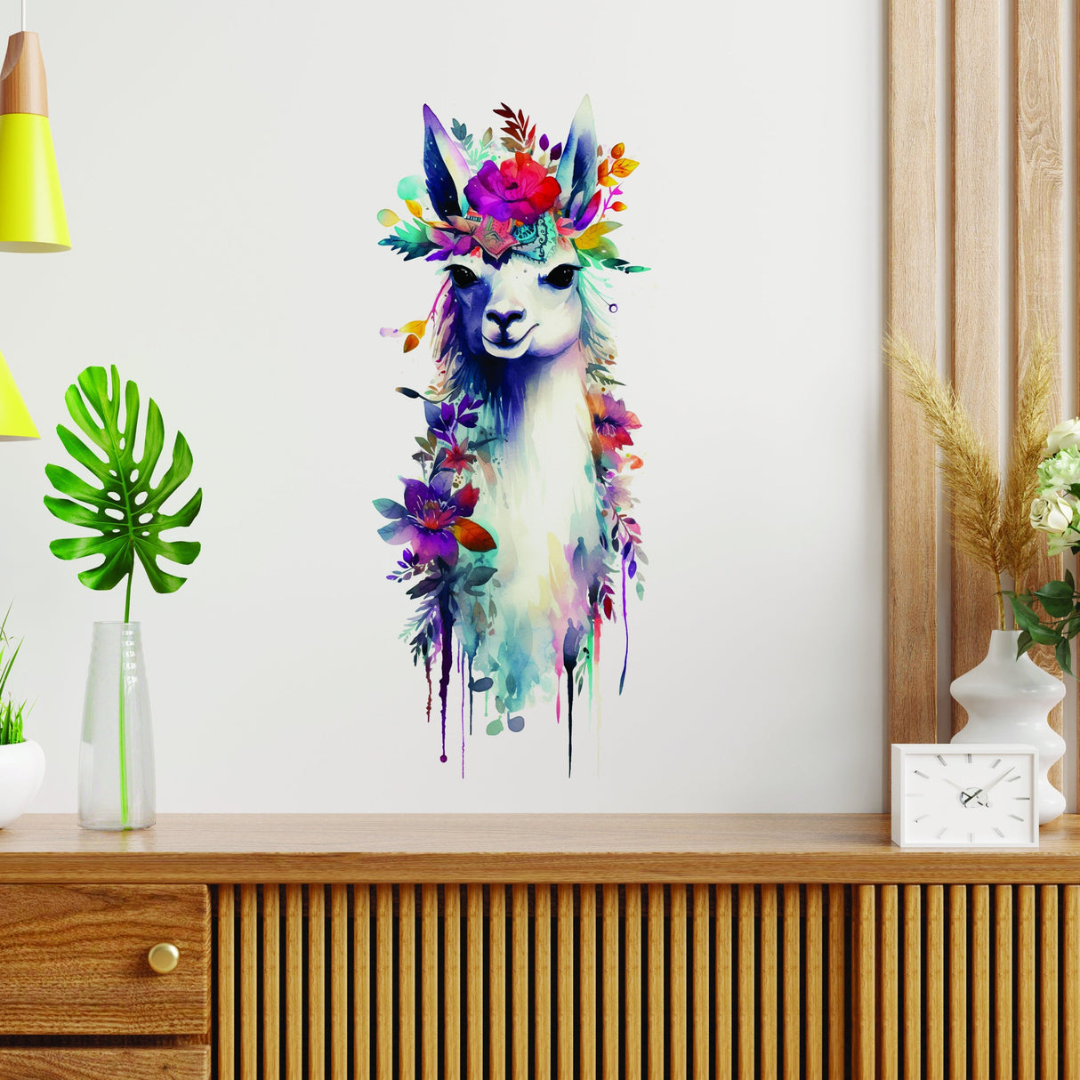 Artistic Alpaca and Floral Wall Decal - Watercolor Vinyl Llama Sticker