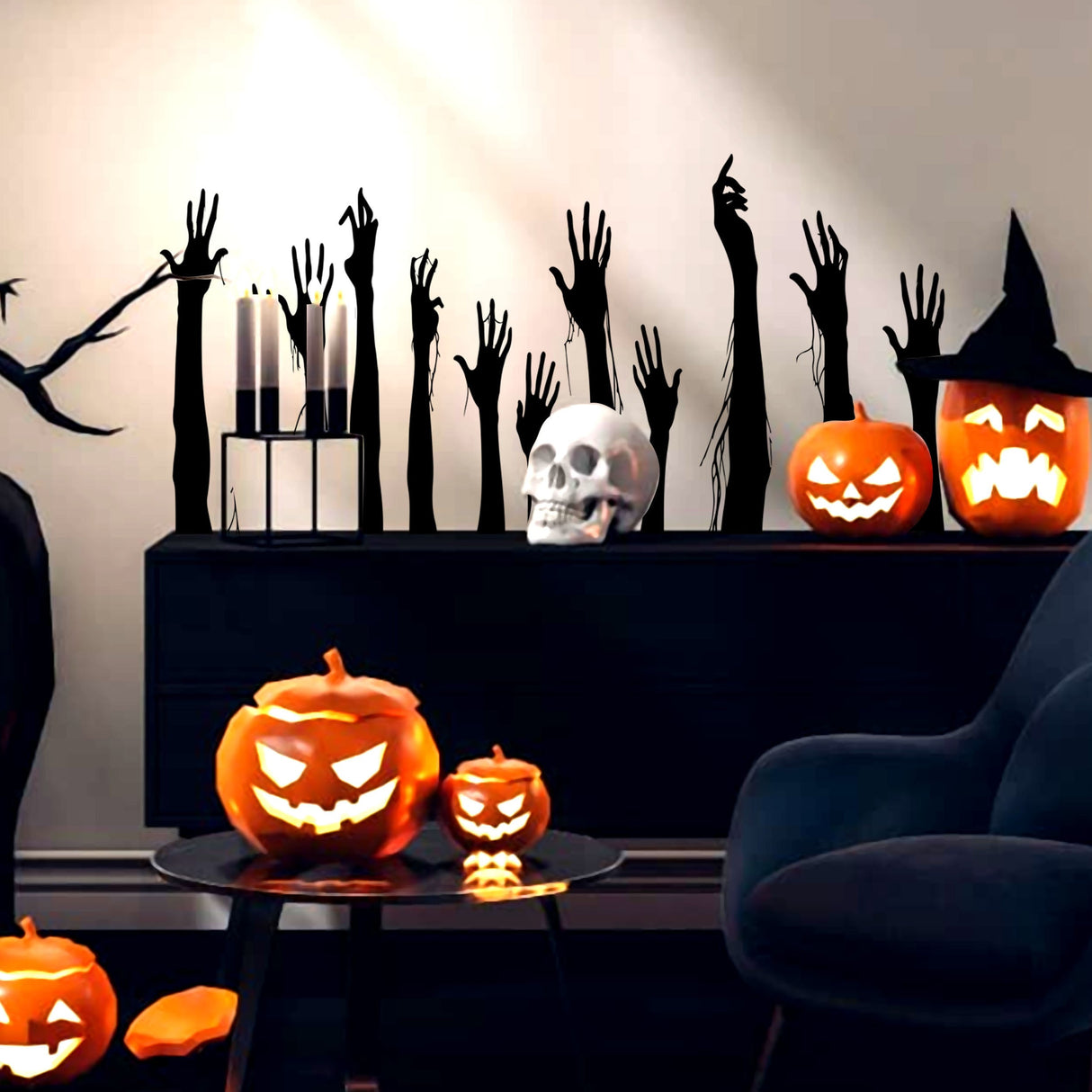 Naljakad Halloweeni aknakleebised – zombie käed ja jubedad Ghouli seinamaalingud