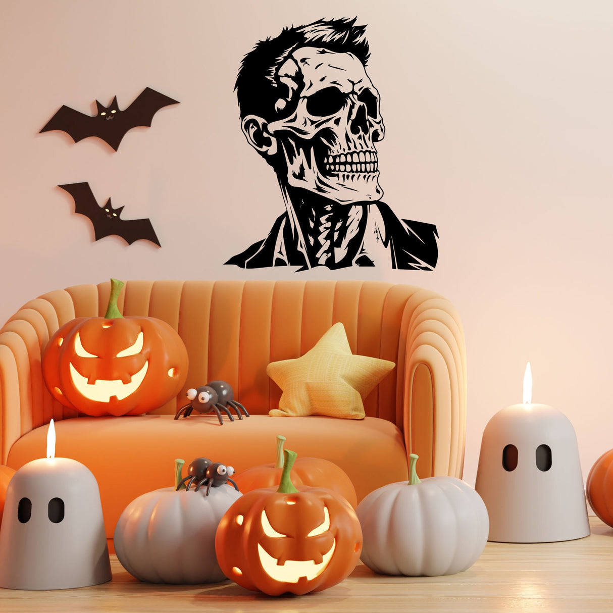 Halloweeni skeleti näo vinüülkleebis – ärimehe pealuu juuste seinakunstiga
