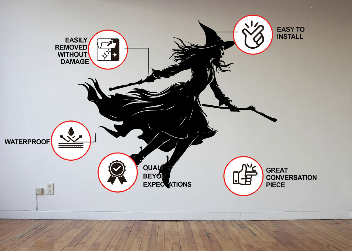 Flying Witch Broom Silhouette Decal - Haunting Halloween Window Art