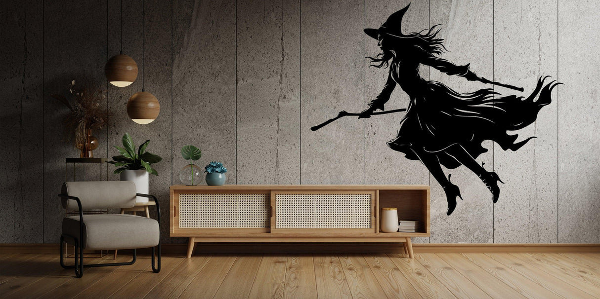 Flying Witch Broom Silhouette Decal - Haunting Halloween Window Art - Decords