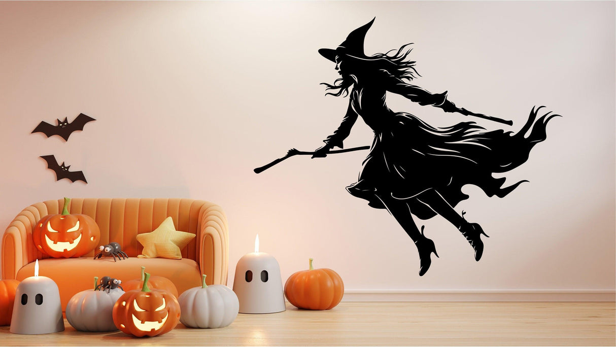 Flying Witch Broom Silhouette Decal - Haunting Halloween Window Art