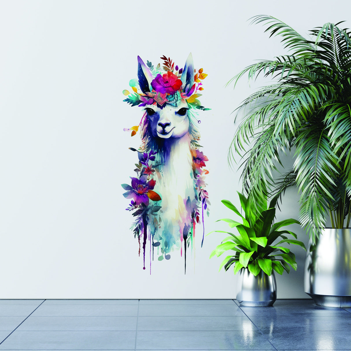 Kunstiline alpaka ja lilleline seinakleebis – akvarellvinüüllaama kleebis
