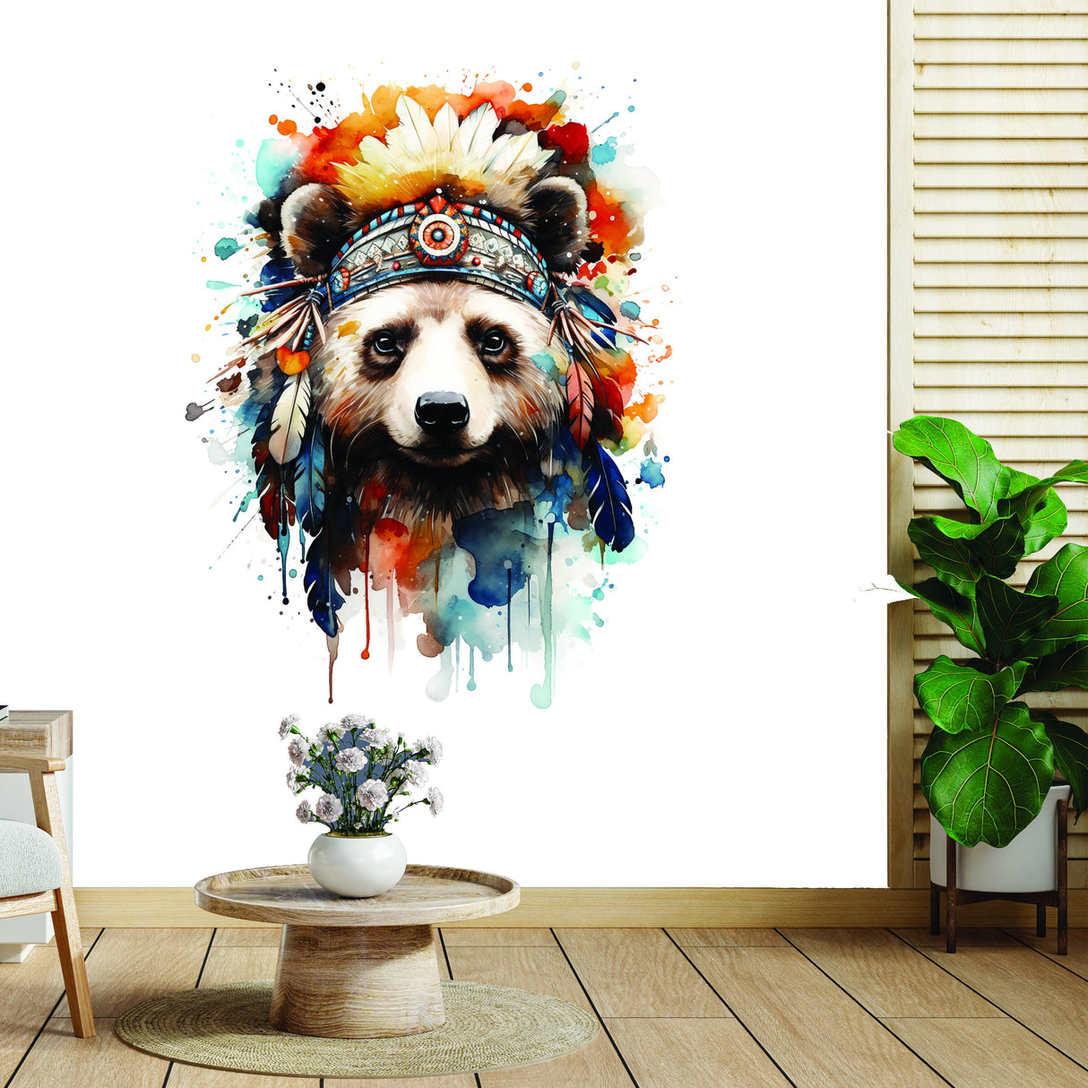 Watercolor Baby Panda Wall Decal - Panda Bear with Indian Feather Hat Nursery Sticker