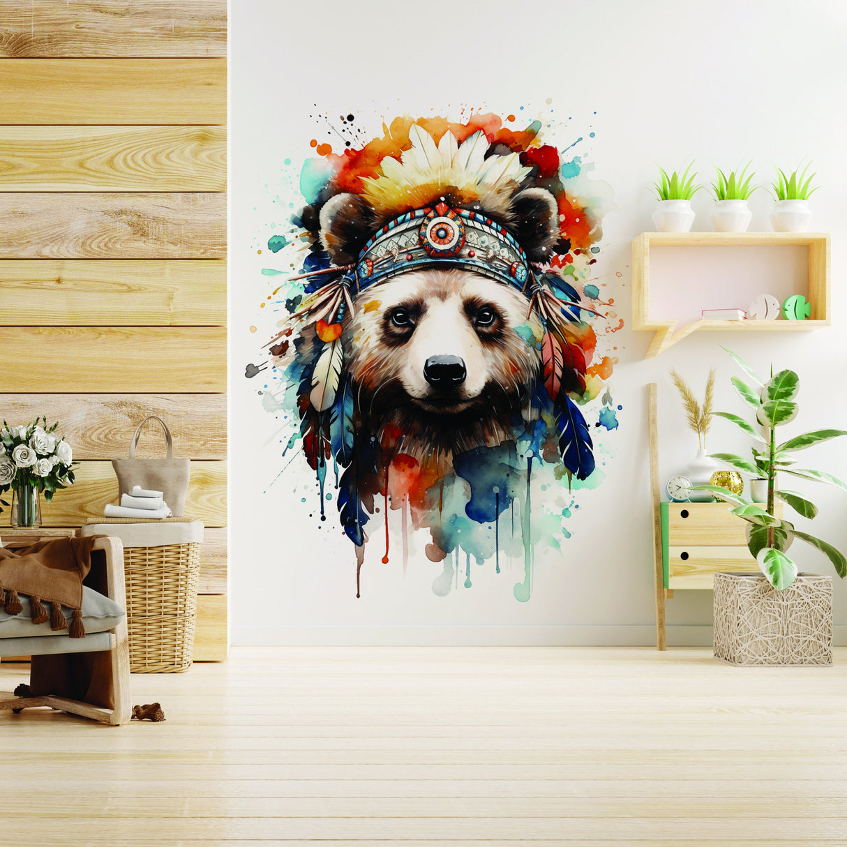 Akvarell Baby Panda seinakleebis – pandakaru India sulgedega mütsiga lasteaiakleebis