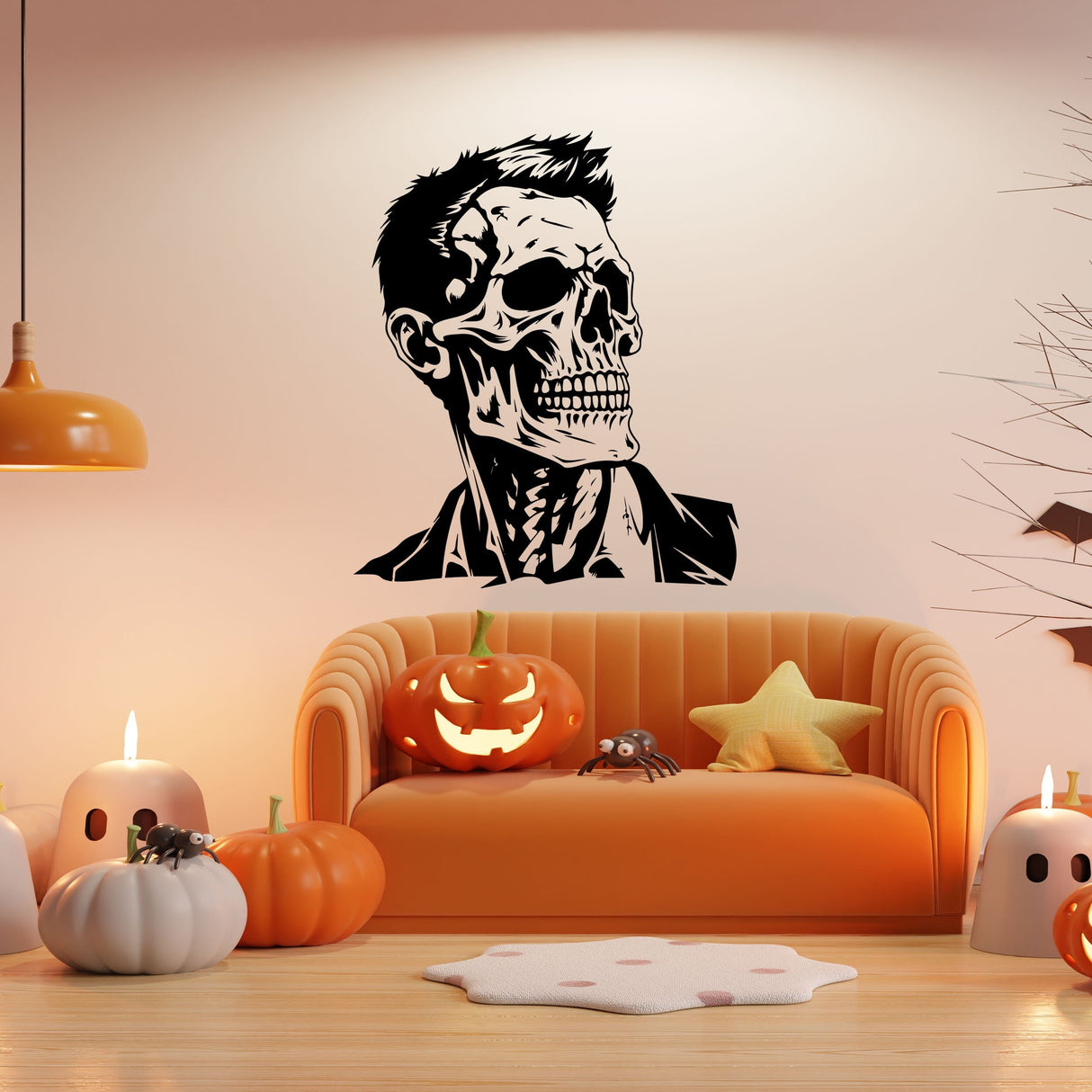 Halloween Skeleton Face Vinyl Decal - Businessman Skull with Hair Wall Art