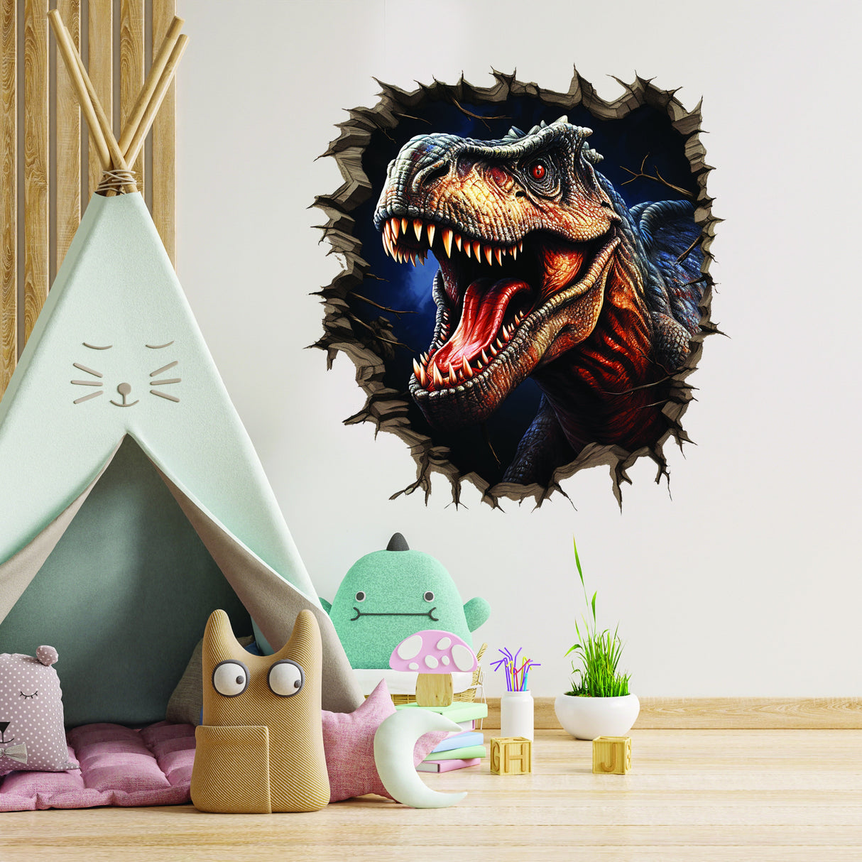3D Dinosaurs Wall Decal - Peel and Stick Illusion Porthole Sticker - Cracked Wall Art Mural - DIY Enthusiast Room Decor - Many sizes
