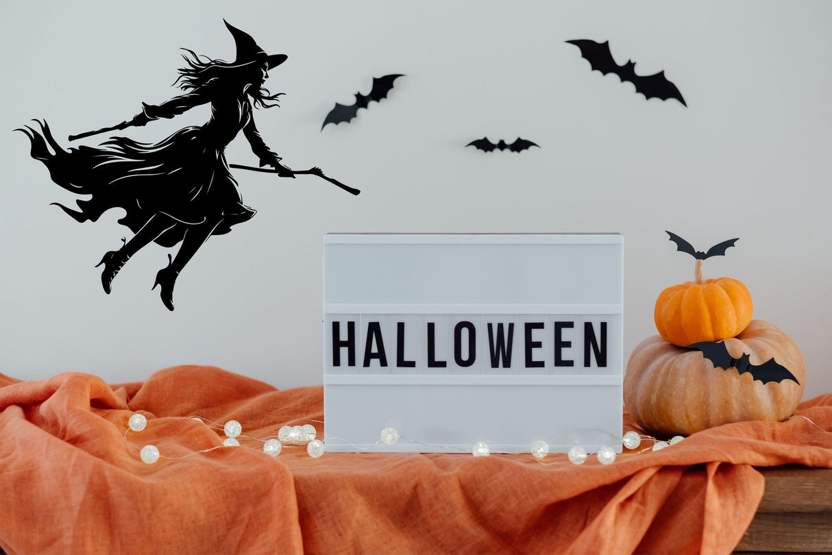 Flying Witch Broom Silhouette Decal - Haunting Halloween Window Art - Decords