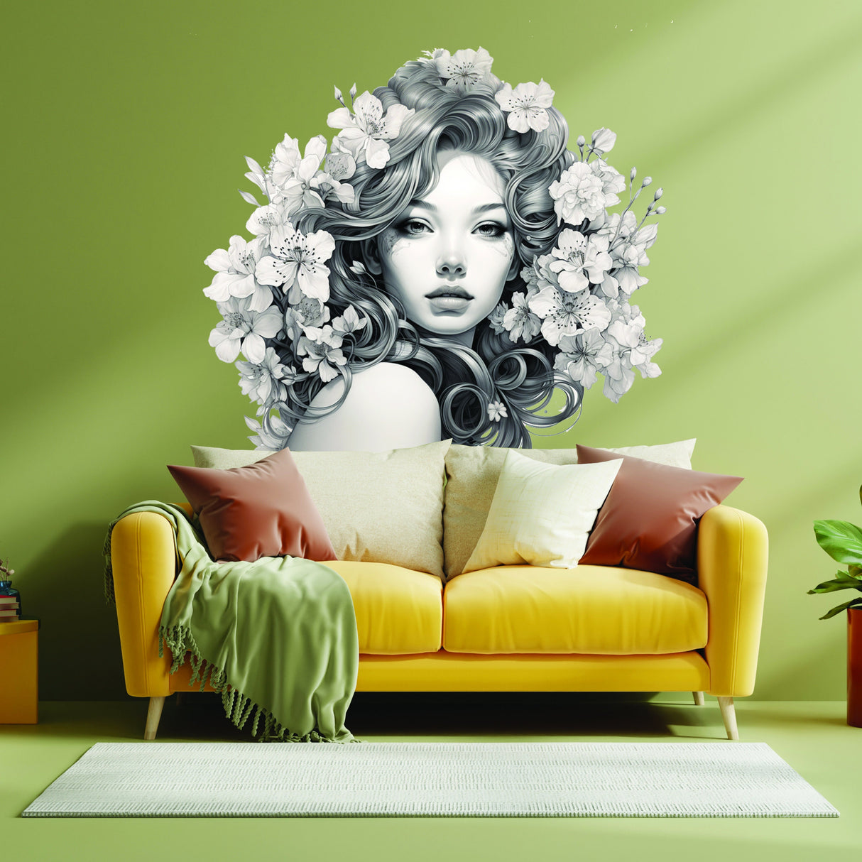 Elegant Woman with Floral Mind Decal - Apartment-Friendly Vinyl Wall Art Sticker - Removable Bloom Head Mural - Interior Decor