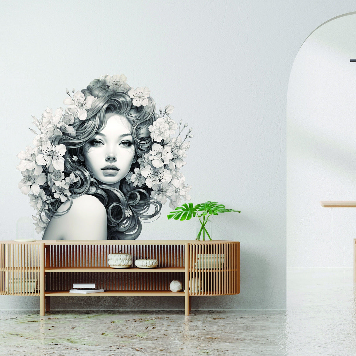 Elegant Woman with Floral Mind Decal - Apartment-Friendly Vinyl Wall Art Sticker - Decords