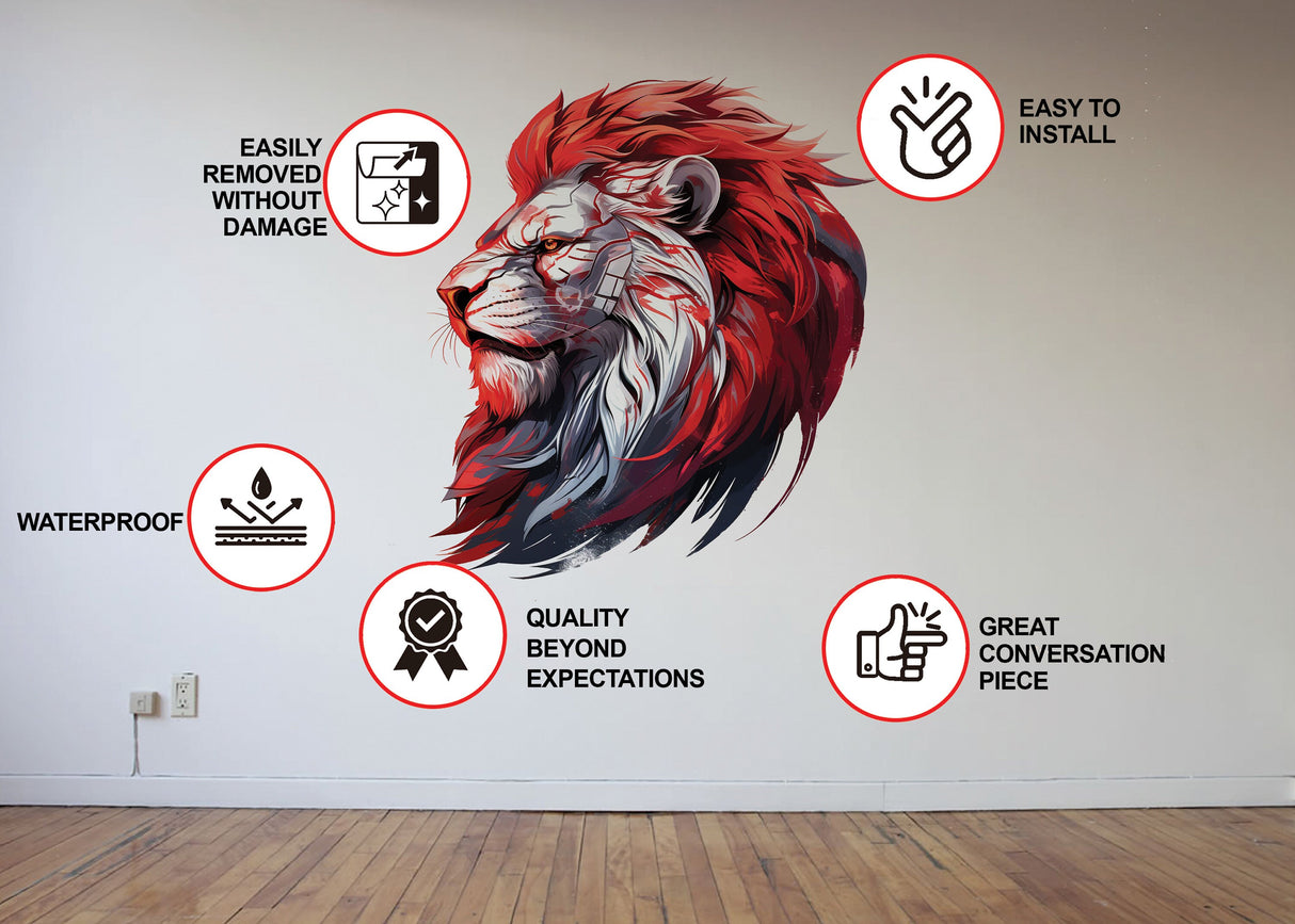 Cybernetic Lion Head Wall Decal - Red-Maned Futuristic Lion Art - Tech-Inspired Wisdom Wall Sticker - Many sizes to choose from