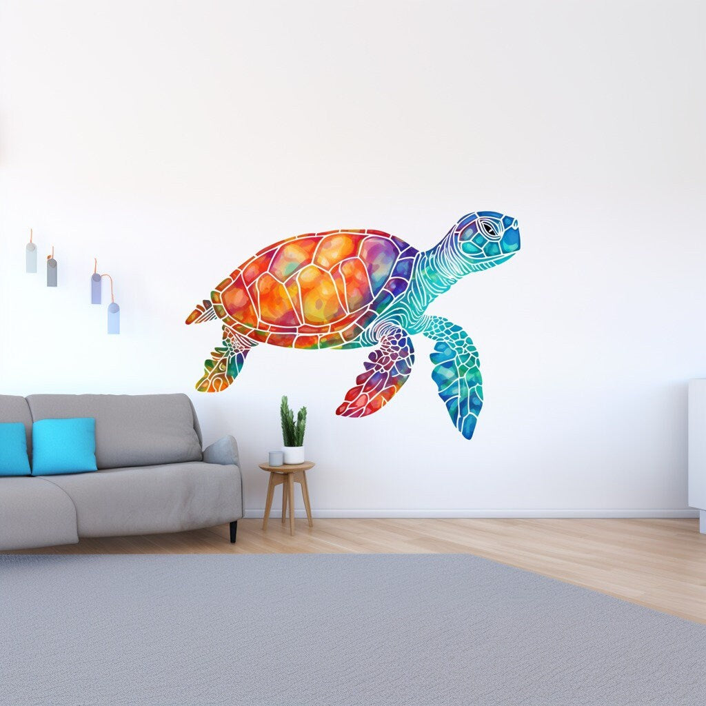 Vibrant Rainbow Sea Turtle Wall Decal - Ocean Life Removable Tortoises Sticker - Ideal for Marine Themed Rooms - Marine Turtle Mural