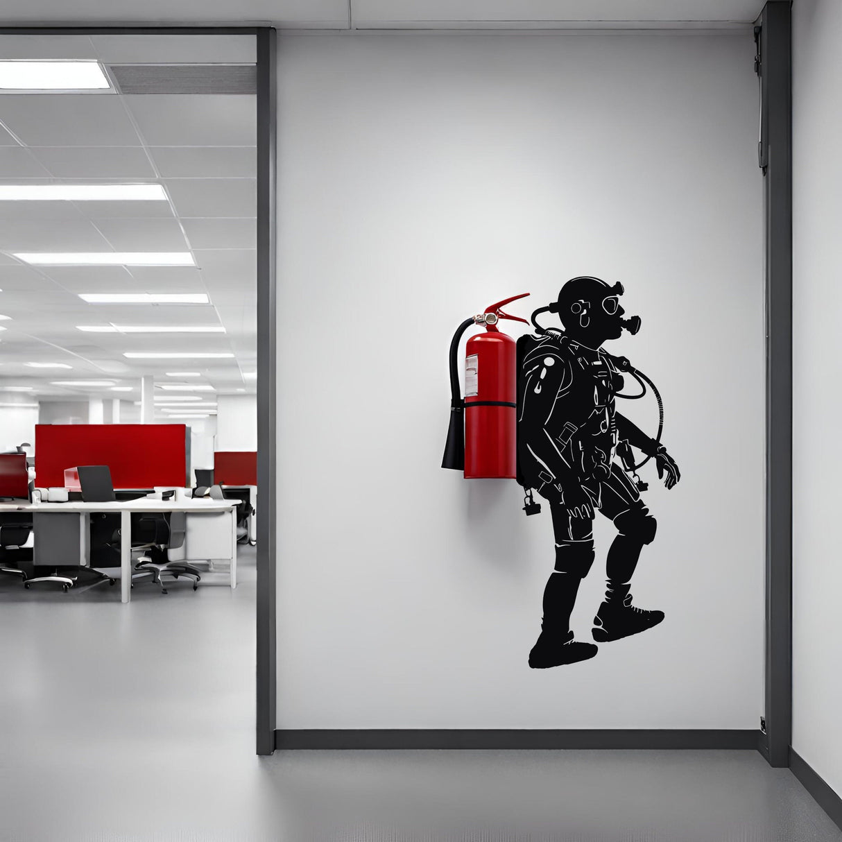 Creative Scuba Diver Silhouette Wall Sticker - Fire Extinguisher Deep Dive Design