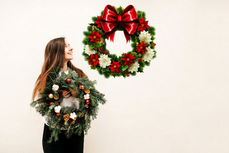 Christmas Wreath Wall Decal with Flowers and Red Bow