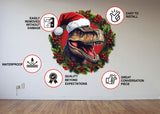 Dino Merry Christmas Wreath Wall Decal - Funny Dinosaur T-Rex in Red Hat Sticker - Festive Wall Art Mural - Removable Holiday Decor