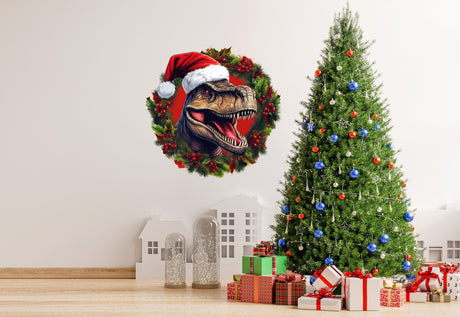 Christmas Wreath with Dinosaur in Red Hat Wall Decal