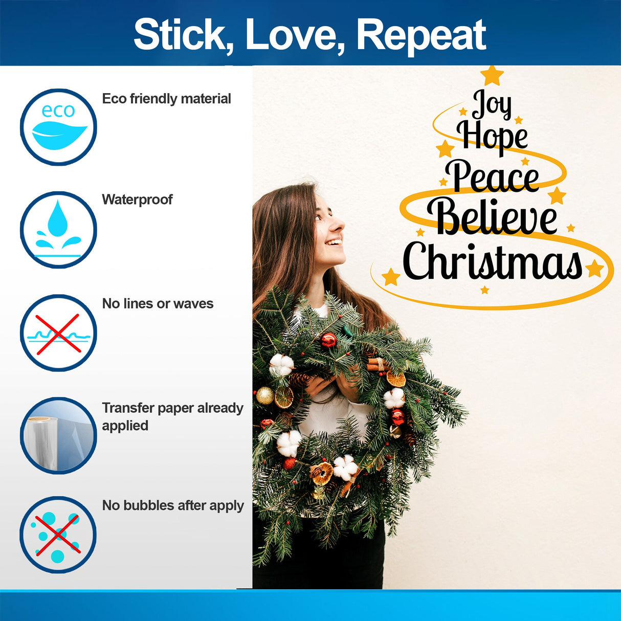 Heartwarming Christmas Quote Wall Vinyl Sticker - "Joy Hope Peace Believe Christmas" Text Decal - Inspirational Living Room Festive Sayings