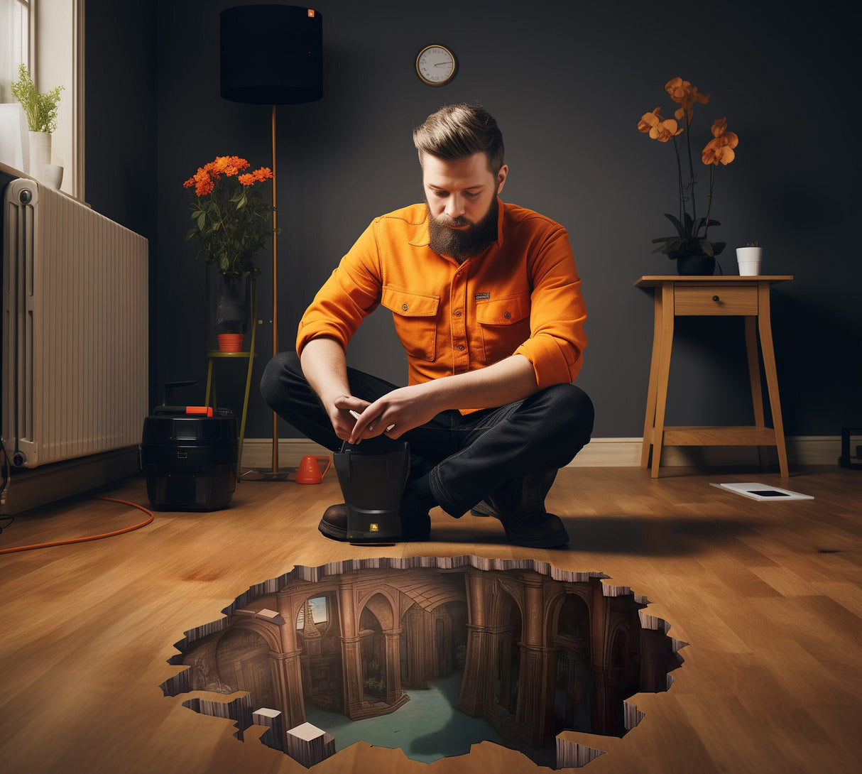 Lummav 3D Illusion Porthole põrandakleebis – loov keldrivaade kunstidekooriga