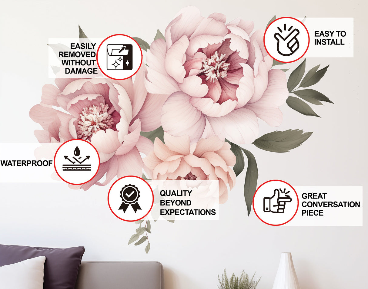 Elegant Peony Flowers Wall Decal - Watercolor Floral Peel and Stick Design