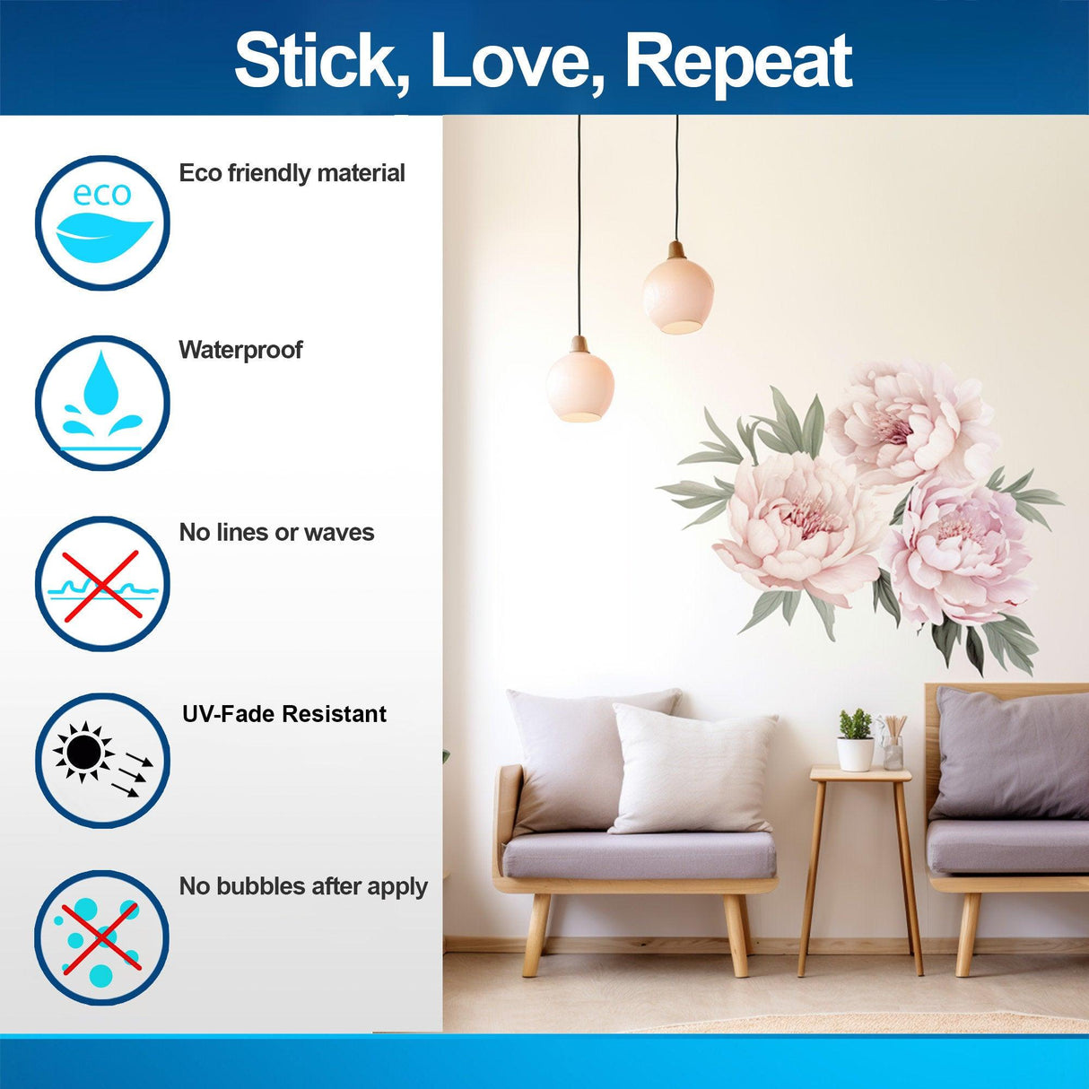 Lush Watercolor Peony Wall Decals - Vibrant Bloom Peel and Stick Adhesives - Decords