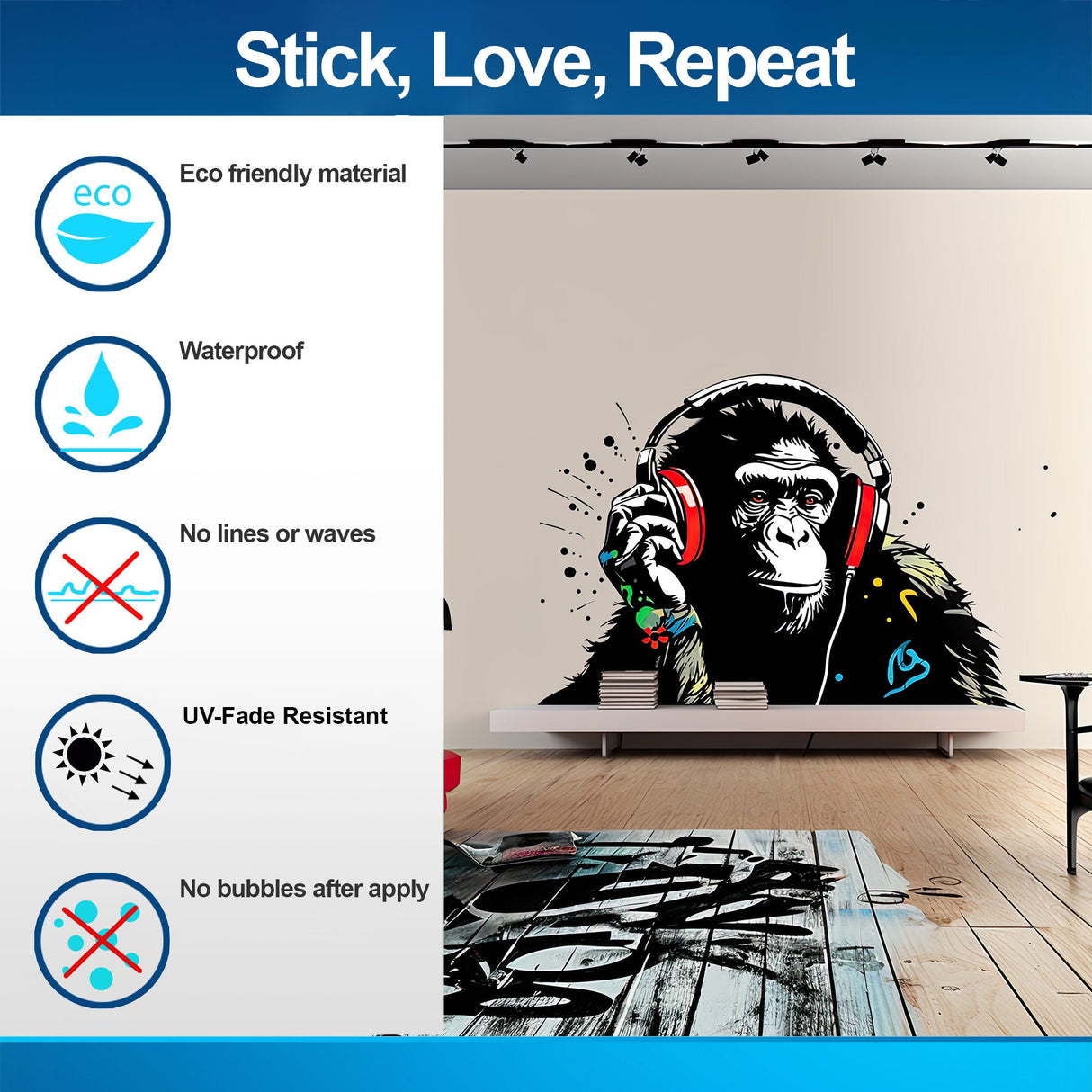 Headphone Chimp Wall Art Sticker - Urban Jungle DJ Ape Decal