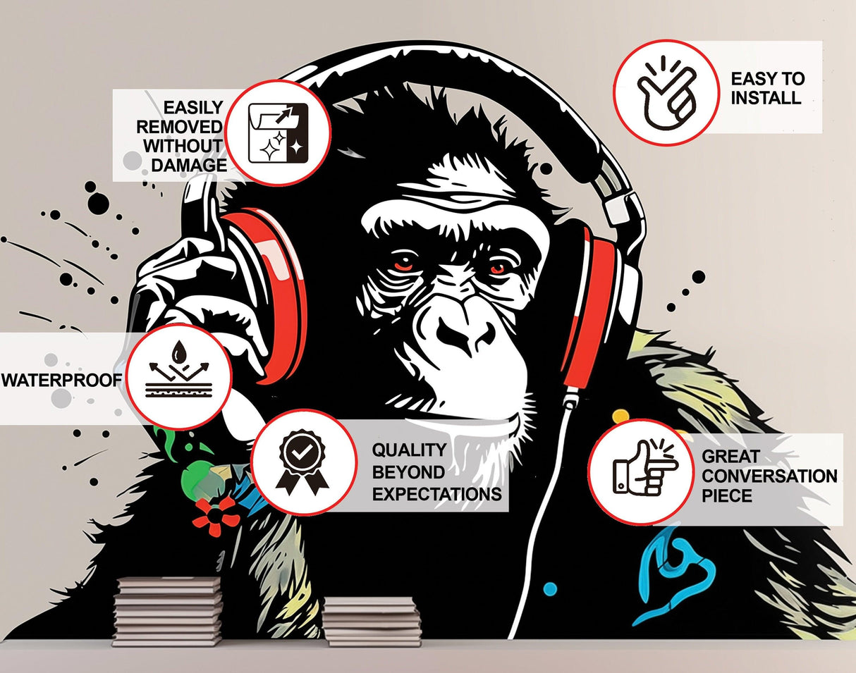 Headphone Chimp Wall Art Sticker - Urban Jungle DJ Ape Decal - Decords