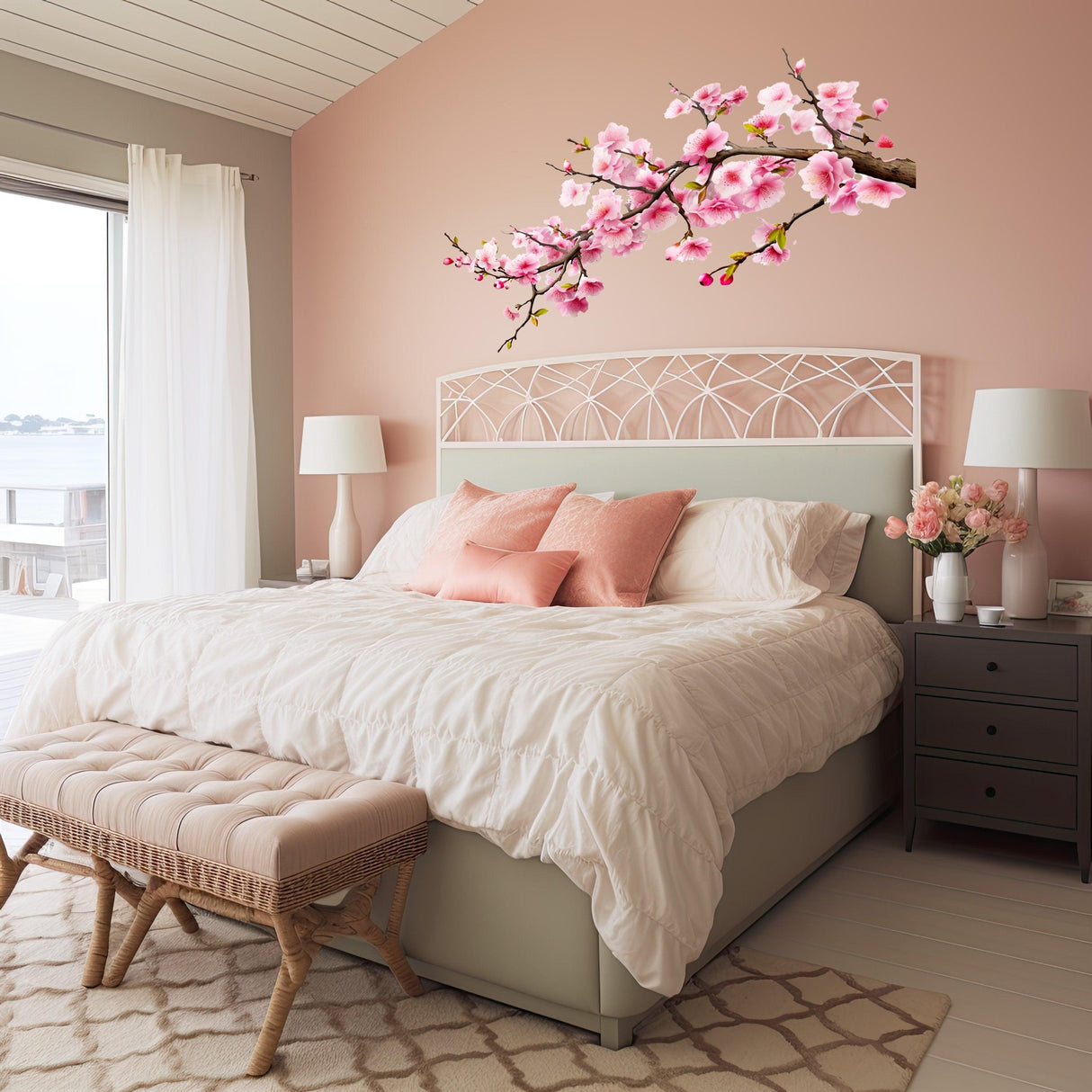 Cherry Blossom Corner Tree Wall Decal - Nursery Vinyl Sticker with Blossoms Pink Flowers Stickers