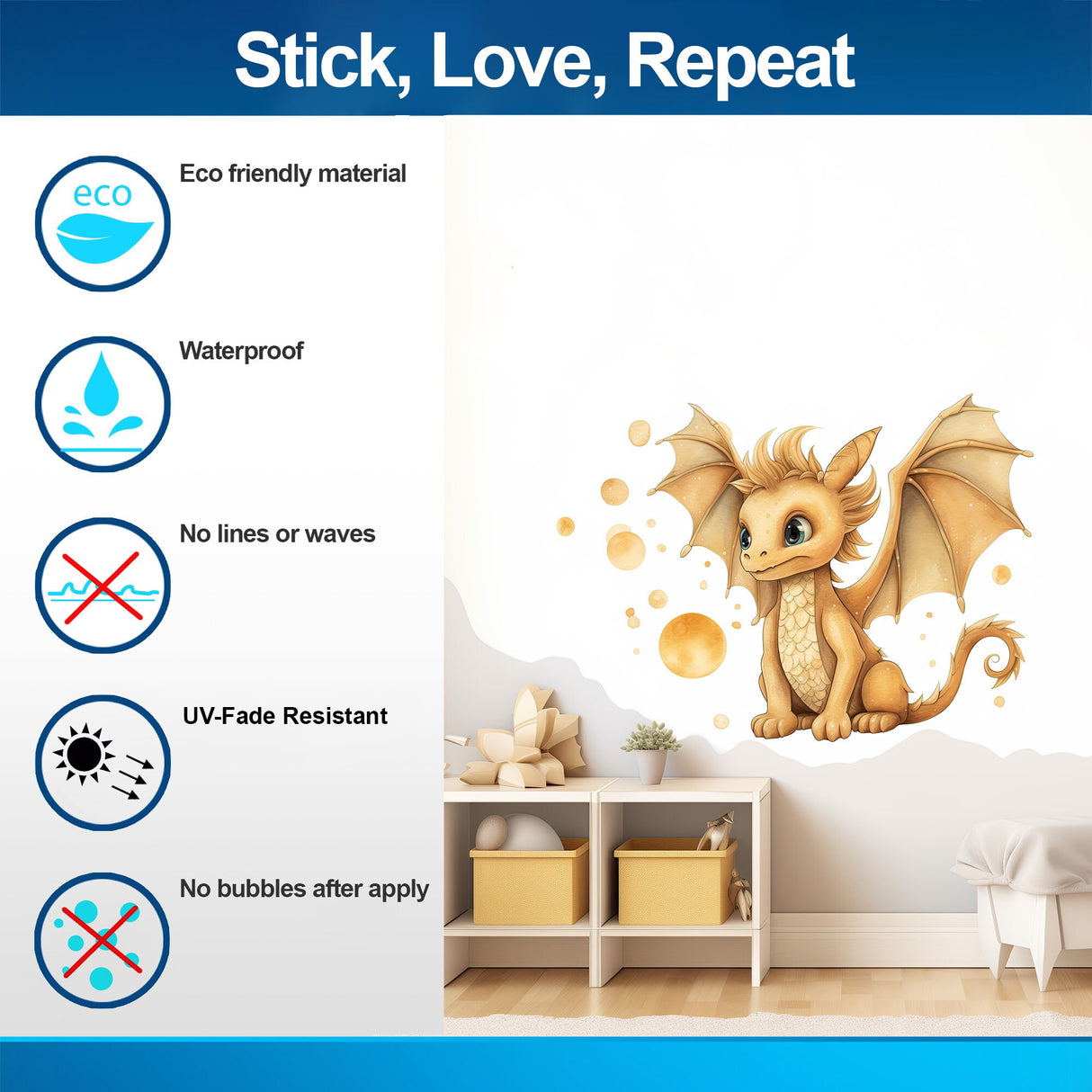 Enchanted Gold Dragon Wall Decal - Whimsical Baby Dragon Sticker Mural